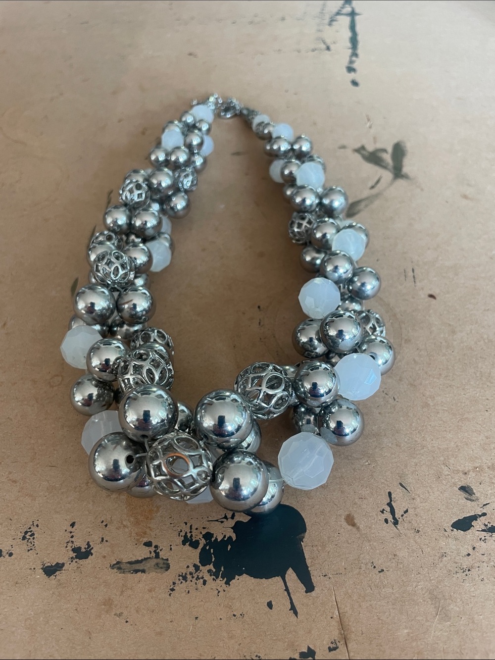 Silver-Tone Multi-Bead Necklace with White Faceted Accents